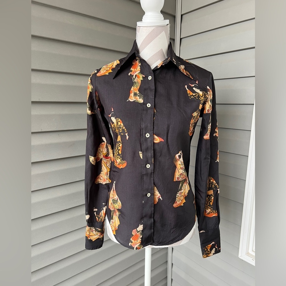 VTG-60s Tucci  Geisha Print Button Up Shirt With Dagger Collar Stunner Sz 7/8